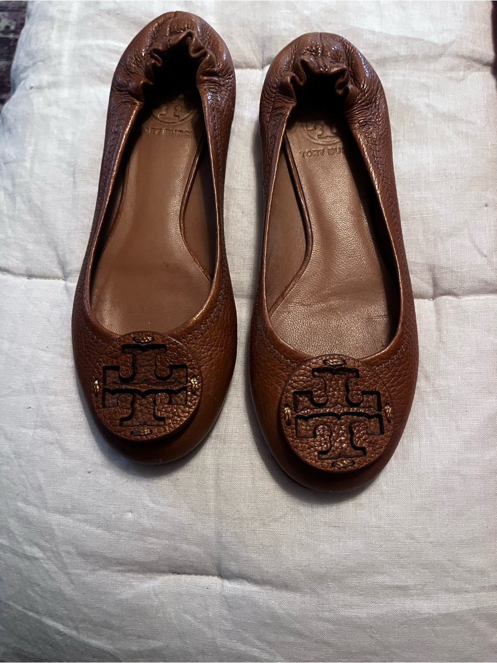 Tory Burch Chestnut Brown Leather Logo Ballet Flats